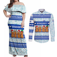 Uruguay Christmas Couples Matching Off Shoulder Maxi Dress and Long Sleeve Button Shirt with Capybaras Holiday Tree Sun Emblem and Blue Festive Pattern - Wonder Print Shop