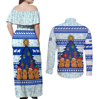 Uruguay Christmas Couples Matching Off Shoulder Maxi Dress and Long Sleeve Button Shirt with Capybaras Holiday Tree Sun Emblem and Blue Festive Pattern - Wonder Print Shop