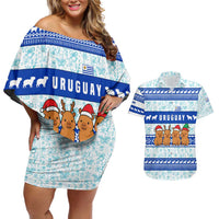 Uruguay Christmas Couples Matching Off Shoulder Short Dress and Hawaiian Shirt with Capybaras Holiday Tree Sun Emblem and Blue Festive Pattern - Wonder Print Shop