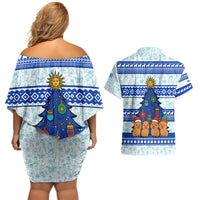 Uruguay Christmas Couples Matching Off Shoulder Short Dress and Hawaiian Shirt with Capybaras Holiday Tree Sun Emblem and Blue Festive Pattern - Wonder Print Shop