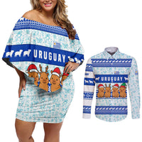 Uruguay Christmas Couples Matching Off Shoulder Short Dress and Long Sleeve Button Shirt with Capybaras Holiday Tree Sun Emblem and Blue Festive Pattern - Wonder Print Shop