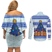 Uruguay Christmas Couples Matching Off Shoulder Short Dress and Long Sleeve Button Shirt with Capybaras Holiday Tree Sun Emblem and Blue Festive Pattern - Wonder Print Shop