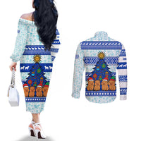 Uruguay Christmas Couples Matching Off The Shoulder Long Sleeve Dress and Long Sleeve Button Shirt with Capybaras Holiday Tree Sun Emblem and Blue Festive Pattern - Wonder Print Shop