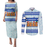 Uruguay Christmas Couples Matching Puletasi and Long Sleeve Button Shirt with Capybaras Holiday Tree Sun Emblem and Blue Festive Pattern - Wonder Print Shop