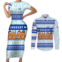 Uruguay Christmas Couples Matching Short Sleeve Bodycon Dress and Long Sleeve Button Shirt with Capybaras Holiday Tree Sun Emblem and Blue Festive Pattern - Wonder Print Shop