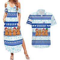 Uruguay Christmas Couples Matching Summer Maxi Dress and Hawaiian Shirt with Capybaras Holiday Tree Sun Emblem and Blue Festive Pattern - Wonder Print Shop