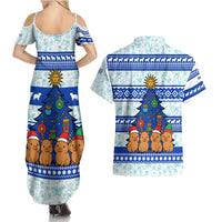Uruguay Christmas Couples Matching Summer Maxi Dress and Hawaiian Shirt with Capybaras Holiday Tree Sun Emblem and Blue Festive Pattern - Wonder Print Shop