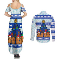 Uruguay Christmas Couples Matching Summer Maxi Dress and Long Sleeve Button Shirt with Capybaras Holiday Tree Sun Emblem and Blue Festive Pattern - Wonder Print Shop