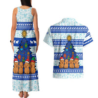 Uruguay Christmas Couples Matching Tank Maxi Dress and Hawaiian Shirt with Capybaras Holiday Tree Sun Emblem and Blue Festive Pattern - Wonder Print Shop
