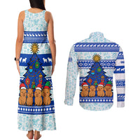 Uruguay Christmas Couples Matching Tank Maxi Dress and Long Sleeve Button Shirt with Capybaras Holiday Tree Sun Emblem and Blue Festive Pattern - Wonder Print Shop