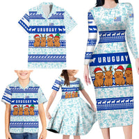 Uruguay Christmas Family Matching Long Sleeve Bodycon Dress and Hawaiian Shirt with Capybaras Holiday Tree Sun Emblem and Blue Festive Pattern - Wonder Print Shop