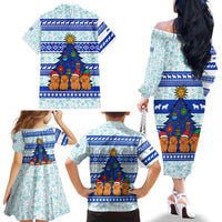 Uruguay Christmas Family Matching Off The Shoulder Long Sleeve Dress and Hawaiian Shirt with Capybaras Holiday Tree Sun Emblem and Blue Festive Pattern - Wonder Print Shop