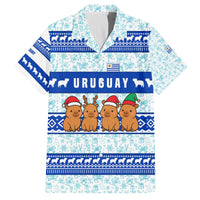 Uruguay Christmas Family Matching Off The Shoulder Long Sleeve Dress and Hawaiian Shirt with Capybaras Holiday Tree Sun Emblem and Blue Festive Pattern - Wonder Print Shop