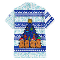 Uruguay Christmas Family Matching Off The Shoulder Long Sleeve Dress and Hawaiian Shirt with Capybaras Holiday Tree Sun Emblem and Blue Festive Pattern - Wonder Print Shop