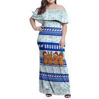 Uruguay Christmas Family Matching Off Shoulder Maxi Dress and Hawaiian Shirt with Capybaras Holiday Tree Sun Emblem and Blue Festive Pattern - Wonder Print Shop