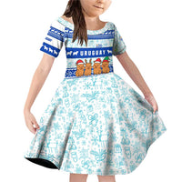 Uruguay Christmas Family Matching Off Shoulder Short Dress and Hawaiian Shirt with Capybaras Holiday Tree Sun Emblem and Blue Festive Pattern - Wonder Print Shop