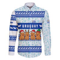 Uruguay Christmas Family Matching Off Shoulder Short Dress and Hawaiian Shirt with Capybaras Holiday Tree Sun Emblem and Blue Festive Pattern - Wonder Print Shop