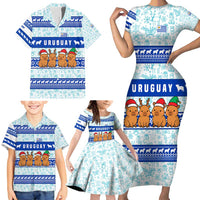 Uruguay Christmas Family Matching Short Sleeve Bodycon Dress and Hawaiian Shirt with Capybaras Holiday Tree Sun Emblem and Blue Festive Pattern - Wonder Print Shop