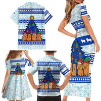 Uruguay Christmas Family Matching Short Sleeve Bodycon Dress and Hawaiian Shirt with Capybaras Holiday Tree Sun Emblem and Blue Festive Pattern - Wonder Print Shop