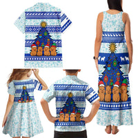 Uruguay Christmas Family Matching Tank Maxi Dress and Hawaiian Shirt with Capybaras Holiday Tree Sun Emblem and Blue Festive Pattern - Wonder Print Shop