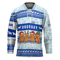 Uruguay Christmas Hockey Jersey with Capybaras Holiday Tree Sun Emblem and Blue Festive Pattern - Wonder Print Shop