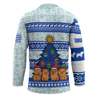 Uruguay Christmas Hockey Jersey with Capybaras Holiday Tree Sun Emblem and Blue Festive Pattern - Wonder Print Shop