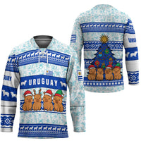 Uruguay Christmas Hockey Jersey with Capybaras Holiday Tree Sun Emblem and Blue Festive Pattern - Wonder Print Shop