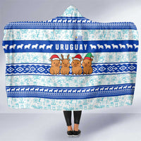 Uruguay Christmas Hooded Blanket with Capybaras Holiday Tree Sun Emblem and Blue Festive Pattern - Wonder Print Shop