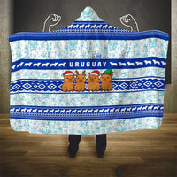 Uruguay Christmas Hooded Blanket with Capybaras Holiday Tree Sun Emblem and Blue Festive Pattern - Wonder Print Shop