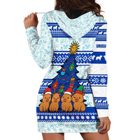 Uruguay Christmas Hoodie Dress with Capybaras Holiday Tree Sun Emblem and Blue Festive Pattern - Wonder Print Shop