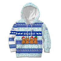 Uruguay Christmas Kid Hoodie with Capybaras Holiday Tree Sun Emblem and Blue Festive Pattern - Wonder Print Shop