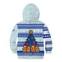 Uruguay Christmas Kid Hoodie with Capybaras Holiday Tree Sun Emblem and Blue Festive Pattern - Wonder Print Shop