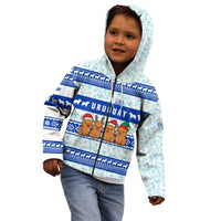 Uruguay Christmas Kid Hoodie with Capybaras Holiday Tree Sun Emblem and Blue Festive Pattern - Wonder Print Shop
