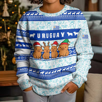 Uruguay Christmas Kid Ugly Christmas Sweater with Capybaras Holiday Tree Sun Emblem and Blue Festive Pattern - Wonder Print Shop