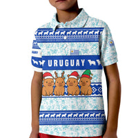 Uruguay Christmas Kid Polo Shirt with Capybaras Holiday Tree Sun Emblem and Blue Festive Pattern - Wonder Print Shop