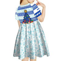 Uruguay Christmas Kid Short Sleeve Dress with Capybaras Holiday Tree Sun Emblem and Blue Festive Pattern - Wonder Print Shop