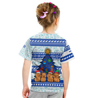 Uruguay Christmas Kid T Shirt with Capybaras Holiday Tree Sun Emblem and Blue Festive Pattern - Wonder Print Shop