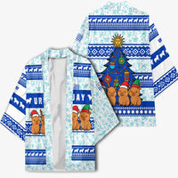 Uruguay Christmas Kimono with Capybaras Holiday Tree Sun Emblem and Blue Festive Pattern - Wonder Print Shop