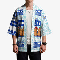 Uruguay Christmas Kimono with Capybaras Holiday Tree Sun Emblem and Blue Festive Pattern - Wonder Print Shop