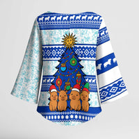 Uruguay Christmas Kimono Sleeve Blouse with Capybaras Holiday Tree Sun Emblem and Blue Festive Pattern - Wonder Print Shop