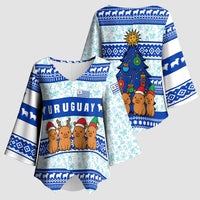 Uruguay Christmas Kimono Sleeve Blouse with Capybaras Holiday Tree Sun Emblem and Blue Festive Pattern - Wonder Print Shop