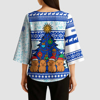 Uruguay Christmas Kimono Sleeve Blouse with Capybaras Holiday Tree Sun Emblem and Blue Festive Pattern - Wonder Print Shop