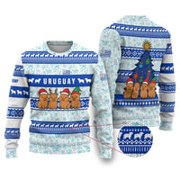 Uruguay Christmas Ugly Christmas Sweater with Capybaras Holiday Tree Sun Emblem and Blue Festive Pattern - Wonder Print Shop