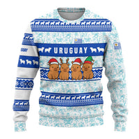 Uruguay Christmas Ugly Christmas Sweater with Capybaras Holiday Tree Sun Emblem and Blue Festive Pattern - Wonder Print Shop