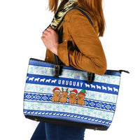 Uruguay Christmas Leather Tote Bag with Capybaras Holiday Tree Sun Emblem and Blue Festive Pattern - Wonder Print Shop