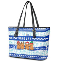 Uruguay Christmas Leather Tote Bag with Capybaras Holiday Tree Sun Emblem and Blue Festive Pattern - Wonder Print Shop