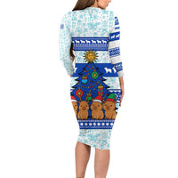 Uruguay Christmas Long Sleeve Bodycon Dress with Capybaras Holiday Tree Sun Emblem and Blue Festive Pattern - Wonder Print Shop