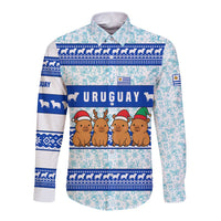 Uruguay Christmas Long Sleeve Button Shirt with Capybaras Holiday Tree Sun Emblem and Blue Festive Pattern - Wonder Print Shop
