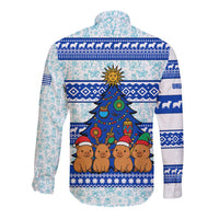 Uruguay Christmas Long Sleeve Button Shirt with Capybaras Holiday Tree Sun Emblem and Blue Festive Pattern - Wonder Print Shop