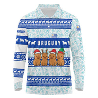 Uruguay Christmas Long Sleeve Polo Shirt with Capybaras Holiday Tree Sun Emblem and Blue Festive Pattern - Wonder Print Shop